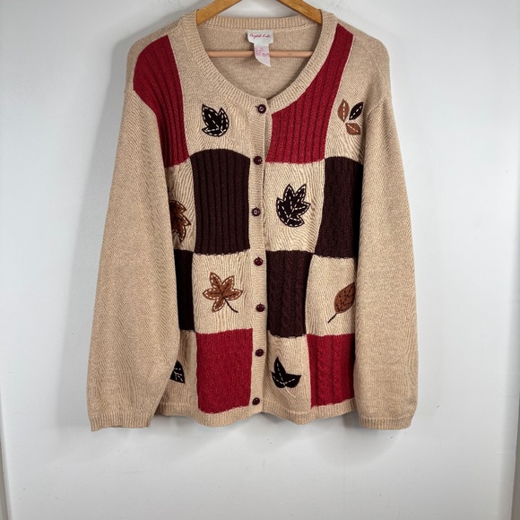 Vintage Fall Cardigan L Patchwork Embroidered Leaves Halloween Teacher Retro - Picture 1 of 9